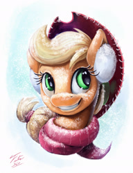 Size: 1804x2353 | Tagged: safe, artist:tsitra360, part of a set, applejack, earth pony, pony, bust, clothes, cute, female, freckles, hat, jackabetes, mare, portrait, scarf, smiling, snow, snowfall, solo