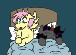 Size: 670x481 | Tagged: safe, artist:jargon scott, derpibooru import, butterscotch, fluttershy, king sombra, queen umbra, pegasus, pony, unicorn, adorascotch, aftersex, bed, blanket, cute, eyes closed, female, male, mare, morning after, open mouth, pillow, regret, ruined for marriage, rule 63, rule63betes, shipping, simple background, sombra eyes, sombrashy, spread wings, stallion, straight, umbradorable, umbrascotch