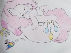 Size: 3416x2533 | Tagged: safe, artist:andrew.a., derpy hooves, pinkie pie, earth pony, pony, crying, cupcake, eating, food, rainbow cupcake, stealing, traditional art