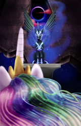 Size: 1024x1604 | Tagged: safe, artist:e-lta, nightmare moon, princess celestia, alicorn, pony, confrontation, eclipse, sitting, solar eclipse, spread wings