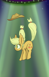 Size: 900x1400 | Tagged: safe, artist:heir-of-rick, applejack, earth pony, pony, daily apple pony, abduction, alien abduction, cowboy hat, floating, frown, hat, impossibly large ears, raised tail, solo, stetson, ufo, wide eyes