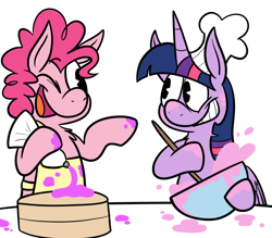 Size: 800x700 | Tagged: safe, artist:karpet-shark, derpibooru import, pinkie pie, twilight sparkle, twilight sparkle (alicorn), alicorn, earth pony, pony, apron, baking, cake, chef's hat, clothes, female, hat, mare, messy, twily-daily