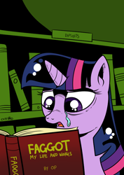 Size: 500x707 | Tagged: safe, artist:catfood-mcfly, derpibooru import, twilight sparkle, book, crying, op is a faggot, solo, vulgar