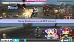 Size: 1024x576 | Tagged: safe, artist:the-butch-x, edit, fluttershy, sunset shimmer, better together, equestria girls, game stream, 2-player, dynasty warriors, dynasty warriors 5, gamer sunset, gamershy, gaming, sunset shimmer frustrated at game, video game