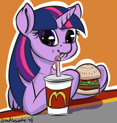 Size: 1428x1500 | Tagged: safe, artist:blindcoyote, derpibooru import, twilight sparkle, twilight sparkle (alicorn), alicorn, pony, twilight time, drink, eating, fast food, female, food, mare, mcdonald's, product placement, reflection, solo, that pony sure does love burgers, twilight burgkle