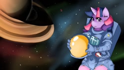 Size: 1280x720 | Tagged: safe, artist:nepkari, derpibooru import, twilight sparkle, unicorn twilight, anthro, unicorn, astronaut, helmet, planet, solo, space, spacesuit