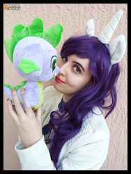 Size: 3456x4608 | Tagged: safe, artist:krazykari, rarity, spike, dragon, human, absurd resolution, build-a-bear, clothes, cosplay, costume, irl, irl human, photo, plushie, pony ears