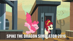 Size: 972x548 | Tagged: safe, screencap, cherry jubilee, pinkie pie, spike, dragon, earth pony, pony, party pooped, image macro, impact font, meme, outhouse, text