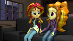 Size: 1920x1080 | Tagged: safe, artist:razethebeast, adagio dazzle, sunset shimmer, equestria girls, 3d, clothes, female, holding hands, hoodie, indoors, lesbian, pants, shipping, sitting, sofa, source filmmaker, sunsagio