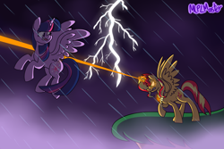 Size: 1500x1000 | Tagged: safe, artist:mlplmaster, sunset shimmer, twilight sparkle, twilight sparkle (alicorn), alicorn, pony, alicornified, blast, duo, female, fight, flying, glowing eyes, glowing horn, gritted teeth, horn, lightning, looking back, magic, magic beam, magic blast, mare, narrowed eyes, open mouth, race swap, rain, raised hoof, shimmercorn, spread wings, wings