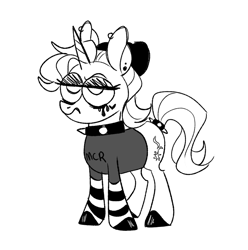 Size: 763x769 | Tagged: safe, artist:woollily, starlight glimmer, pony, unicorn, choker, clothes, ear piercing, earring, emo, hat, jewelry, monochrome, piercing, shirt, socks, solo, spiked choker, striped socks