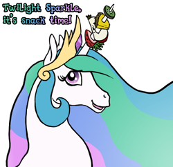 Size: 500x484 | Tagged: safe, artist:quoting_mungo, princess celestia, alicorn, pony, bust, female, food, fruit, horn impalement, mare, sillestia, silly, silly pony, simple background, solo, transparent background