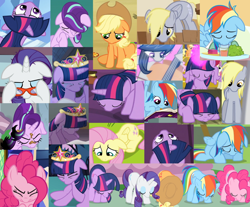Size: 1036x857 | Tagged: safe, edit, edited screencap, screencap, applejack, derpy hooves, fluttershy, octavia melody, pinkie pie, rainbow dash, rarity, starlight glimmer, twilight sparkle, twilight sparkle (alicorn), alicorn, earth pony, pegasus, pony, unicorn, a bird in the hoof, a horse shoe-in, canterlot boutique, daring don't, fame and misfortune, father knows beast, horse play, hurricane fluttershy, princess twilight sparkle (episode), rainbow falls, read it and weep, slice of life (episode), the crystal empire, the last roundup, the one where pinkie pie knows, to where and back again, annoyed, applejack's hat, bandage, big crown thingy, book, bowing, cello, compilation, cowboy hat, cropped, crying, cute, element of magic, eyes closed, female, floppy ears, flying, food, frazzled, friendship journal, glass, hat, jewelry, looking down, looking up, magic, mane six, mare, mouth hold, mud, musical instrument, prone, rarity's glasses, regalia, sad, sitting, snout
