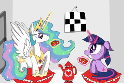 Size: 1600x1067 | Tagged: safe, artist:alessia-nin10doh, princess celestia, twilight sparkle, alicorn, pony, unicorn, duo, duo female, female, horn, mare, tea party