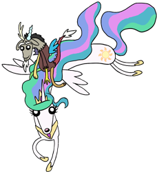 Size: 848x928 | Tagged: safe, artist:quoting_mungo, discord, princess celestia, alicorn, draconequus, pony, adventure time, pony ride, silly, style emulation