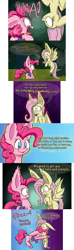 Size: 1280x4314 | Tagged: safe, artist:heir-of-rick, fluttershy, pinkie pie, comic, dialogue, flutterbat, hug, miss pie's monsters, scared, smiling, species swap, tongue out