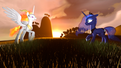 Size: 1920x1080 | Tagged: safe, artist:iownu142, nightmare star, princess celestia, princess luna, alicorn, pony, 3d, role reversal, source filmmaker, sunset