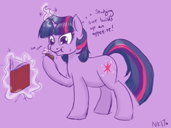 Size: 1200x900 | Tagged: safe, artist:naomiknight17, derpibooru import, twilight sparkle, book, cupcake, eating, explicit source, magic, solo