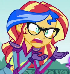 Size: 468x500 | Tagged: safe, edit, edited screencap, screencap, sunset shimmer, equestria girls, friendship games, caption, dyed hair, exploitable meme, feminism, image macro, meme, nose piercing, nose ring, piercing, problematic glasses, social justice, social justice shimmer, social justice warrior, sunset is not willing to learn, text