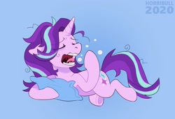 Size: 1448x989 | Tagged: safe, artist:deerspit, starlight glimmer, pony, unicorn, blue background, messy mane, pillow, simple background, sleepy, solo, yawn