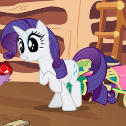 Size: 509x507 | Tagged: safe, screencap, rarity, spike, dragon, pony, unicorn, secret of my excess, animated, animation error, book, cropped, cute, dilated pupils, excited, eye shimmer, eyes on the prize, fire ruby, gif, grin, gritted teeth, happy, offscreen character, open mouth, opening credits, raised hoof, raribetes, ruby, smiling, solo focus, squee