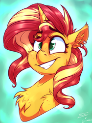 Size: 3024x4032 | Tagged: safe, artist:crimmo, artist:drizziedoodles, sunset shimmer, pony, unicorn, abstract background, bust, cheek fluff, chest fluff, cute, ear fluff, ear piercing, earring, freckles, grin, jewelry, piercing, portrait, shimmerbetes, shoulder fluff, smiling, solo