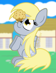 Size: 1400x1811 | Tagged: safe, artist:puperhamster, derpy hooves, pegasus, pony, balancing, cute, derpabetes, food, muffin, ponies balancing stuff on their nose, silly, silly pony, sitting, solo
