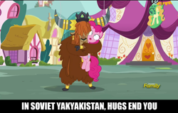 Size: 1280x816 | Tagged: safe, edit, edited screencap, screencap, pinkie pie, prince rutherford, pony, yak, party pooped, cloven hooves, female, hug, male, yakov smirnov, yakyakistan