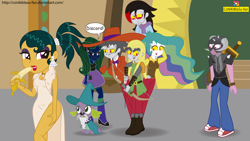 Size: 5739x3228 | Tagged: safe, artist:conikiblasu-fan, big macintosh, cleopatra jazz, discord, fluttershy, princess celestia, spike, dog, unicorn, dungeons and discords, equestria girls, absurd resolution, banana, boots, captain wuzz, clothes, discord's celestia face, equestria girls interpretation, equestria girls-ified, food, garbuncle, opposite fluttershy, race swap, scene interpretation, self ponidox, shoes, sir mcbiggen, skirt, socks, spike the dog, unicorn big mac, zoot suit