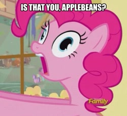 Size: 926x844 | Tagged: safe, edit, edited screencap, screencap, pinkie pie, earth pony, pony, party pooped, applebeans, dialogue, discovery family logo, female, image macro, meme, solo