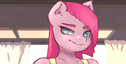 Size: 2872x1470 | Tagged: safe, artist:angelwing314, pinkie pie, anthro, lip bite, pinkamena diane pie, smiling, solo