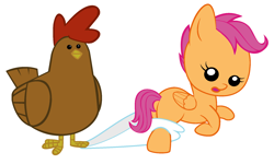 Size: 1800x1080 | Tagged: safe, artist:beavernator, scootaloo, chicken, pegasus, pony, baby, baby pony, coppertone parody, diaper, female, foal, scootachicken, simple background, white background