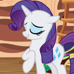 Size: 500x500 | Tagged: safe, screencap, rarity, pony, unicorn, secret of my excess, animated, blinking, book, cropped, female, floppy ears, gif, gritted teeth, happy, mare, raised hoof, solo
