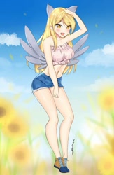 Size: 721x1109 | Tagged: safe, artist:athan-arion, derpy hooves, human, anime style, bare shoulders, belly button, cute, denim shorts, derpabetes, eared humanization, female, flower, humanized, midriff, tube top, winged humanization, wings