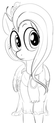 Size: 634x1410 | Tagged: safe, artist:dotkwa, fluttershy, pegasus, pony, make new friends but keep discord, clothes, dress, female, gala dress, head turn, looking at you, mare, monochrome, solo