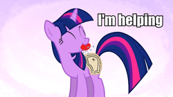 Size: 960x539 | Tagged: safe, derpibooru import, edit, edited screencap, screencap, twilight sparkle, pony, unicorn, suited for success, art of the dress, cute, eyes closed, female, helping, image macro, mare, meme, mouth hold, nom, pincushion, smiling, solo