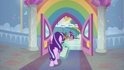 Size: 1920x1080 | Tagged: safe, screencap, spoiled rich, starlight glimmer, yona, pony, unicorn, a horse shoe-in, clipboard, door, female, magic, magic aura, mare, telekinesis