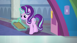 Size: 1920x1080 | Tagged: safe, screencap, starlight glimmer, pony, unicorn, a horse shoe-in, clipboard, female, magic, magic aura, mare, pencil, solo, telekinesis