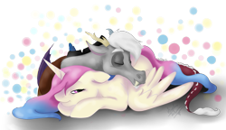 Size: 2081x1198 | Tagged: safe, artist:spacesheep-art, discord, princess celestia, alicorn, pony, dislestia, male, prone, shipping, snuggling, straight