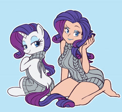 Size: 2919x2668 | Tagged: safe, artist:nauth, rarity, human, pony, unicorn, backless, barefoot, clothes, dock, feet, female, human ponidox, humanized, makeup, mare, open-back sweater, self ponidox, simple background, sleeveless sweater, smiling, sweater, virgin killer sweater