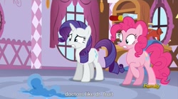 Size: 1277x712 | Tagged: safe, screencap, pinkie pie, rarity, earth pony, pony, unicorn, party pooped, discovery family logo, meme, youtube caption