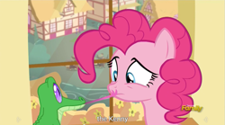 Size: 1277x711 | Tagged: safe, screencap, gummy, pinkie pie, earth pony, pony, yak, party pooped, meme, youtube caption