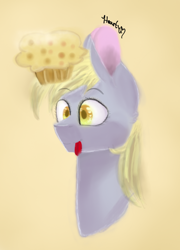 Size: 650x902 | Tagged: safe, artist:constanta-bucharei, derpy hooves, pegasus, pony, bust, cute, derpabetes, female, food, mare, muffin, solo, tongue out