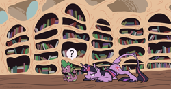 Size: 1817x955 | Tagged: safe, artist:enma-darei, derpibooru import, spike, twilight sparkle, classical unicorn, dragon, pony, unicorn, cloven hooves, colored, golden oaks library, leonine tail, library, prank, unshorn fetlocks