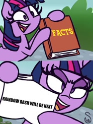 Size: 500x667 | Tagged: safe, artist:quarium edits, derpibooru import, rainbow dash, twilight sparkle, twilight sparkle (alicorn), alicorn, pegasus, pony, spoiler:interseason shorts, exploitable meme, meme, twilight's fact book