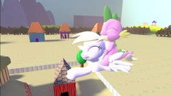 Size: 1024x575 | Tagged: safe, artist:undeadponysoldier, derpy hooves, spike, dragon, pegasus, pony, 3d, chicken coop, cute, derpabetes, derpyspike, female, flying, gift art, gmod, happy, male, mare, shipping, spikabetes, straight, weeeeeeee