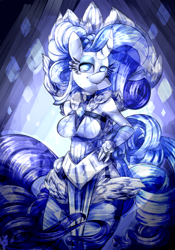 Size: 1400x2000 | Tagged: safe, artist:ogaraorcynder, rarity, anthro, crystal pony, armpits, clothes, crystallized, curved horn, looking at you, solo