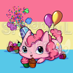 Size: 720x720 | Tagged: safe, artist:spoonfulofcats, pinkie pie, cat, balloon, cupcake, party cannon, species swap, watermark