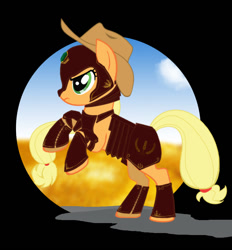 Size: 697x752 | Tagged: safe, artist:lannakitty, applejack, earth pony, pony, fanfic:it's a dangerous business going out your door, armor, fanfic art, female, frown, glare, leather armor, mare, rearing, solo