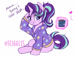 Size: 4000x3000 | Tagged: safe, artist:sciggles, starlight glimmer, pony, unicorn, alternate hairstyle, chest fluff, clothes, clothes swap, coffee, coffee mug, dialogue, female, floating heart, heart, high res, hoodie, implied lesbian, implied shipping, implied startrix, magic, magic aura, mare, morning ponies, mug, offscreen character, ponytail, simple background, solo, white background
